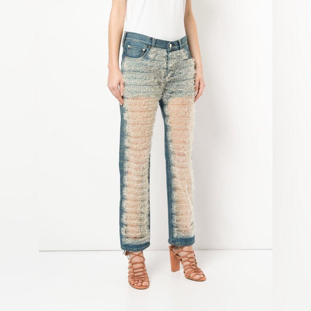 NWT $1135 Tu Es Mon Tresor Ruffled Tulle Light Blue Embroidered Boyfriend Jeans